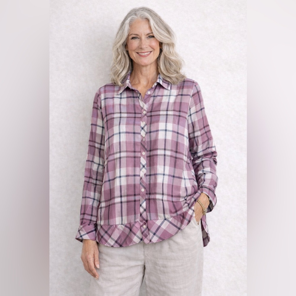 J.Jill Plaid Button Front Shirt Women’s Large Plum Long Sleeve NWT